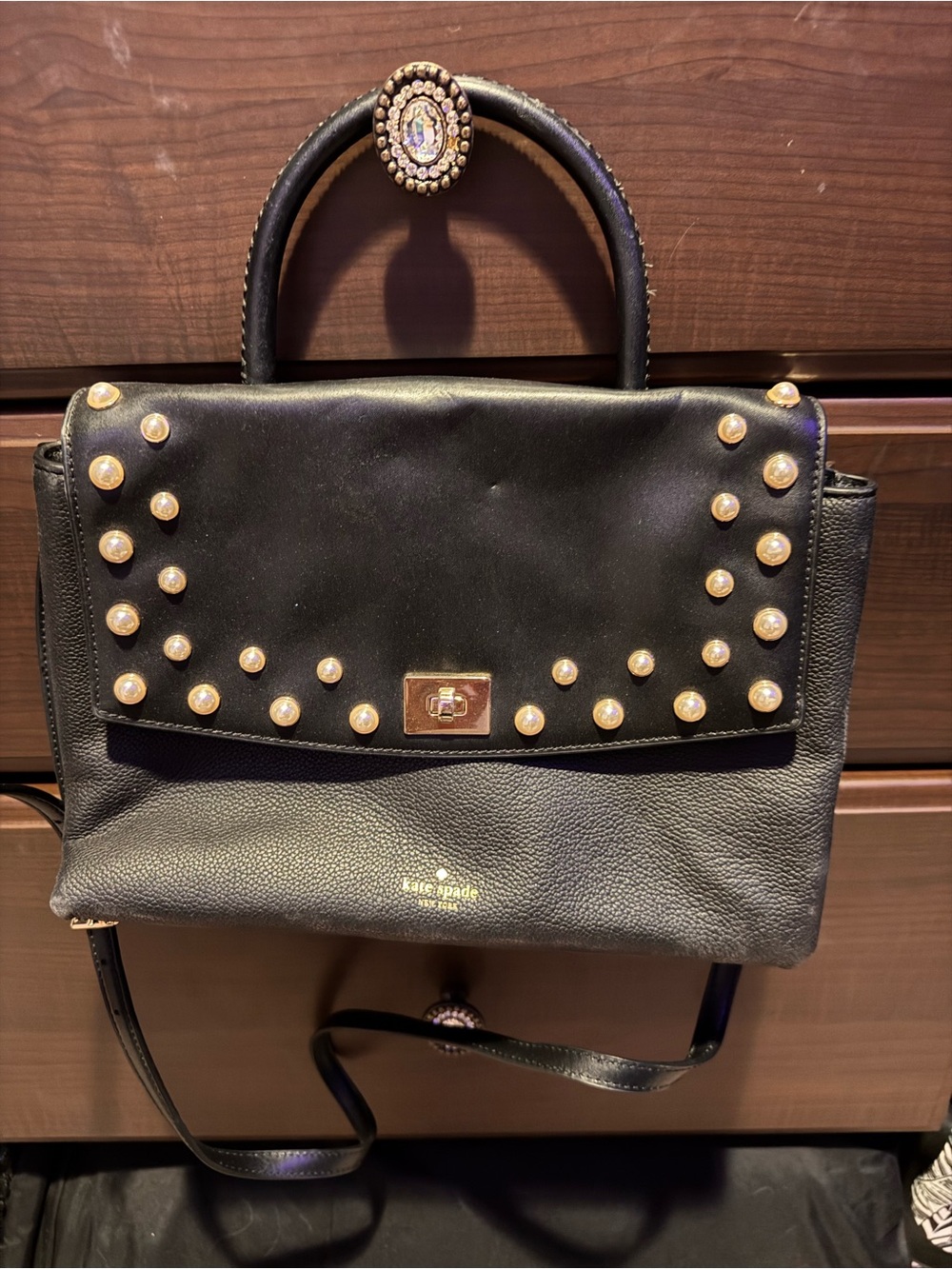 kate spade Black Leather Top-Handle Satchel with Gold-Tone Pearl Studs